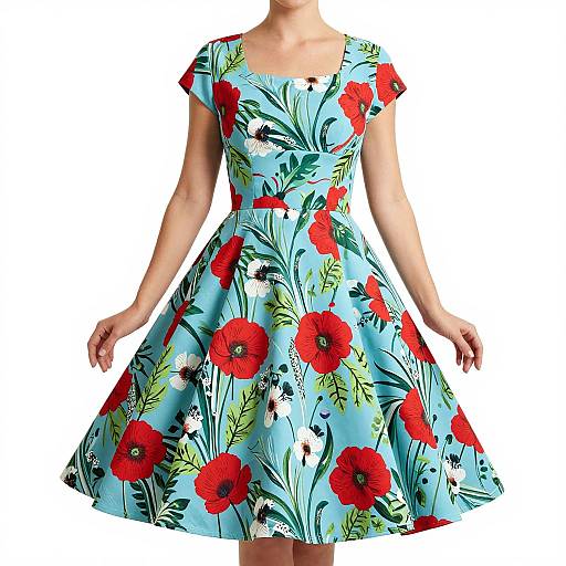 Photograph of a woman in a vintage-style, blue floral dress with large red poppies and green leaves, short sleeves, and a flared skirt