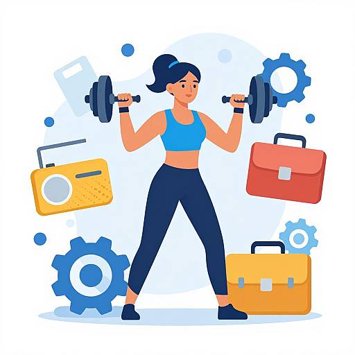 Digital illustration of a fit woman with dark hair in a ponytail, lifting dumbbells, wearing a blue sports bra and black pants, surrounded by