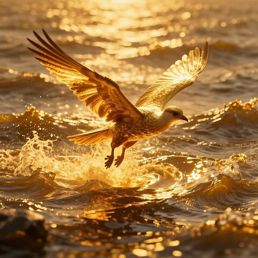 Golden sunset photograph of a seagull with outstretched wings, splashing into choppy ocean waves, creating a radiant, shimmering effect.