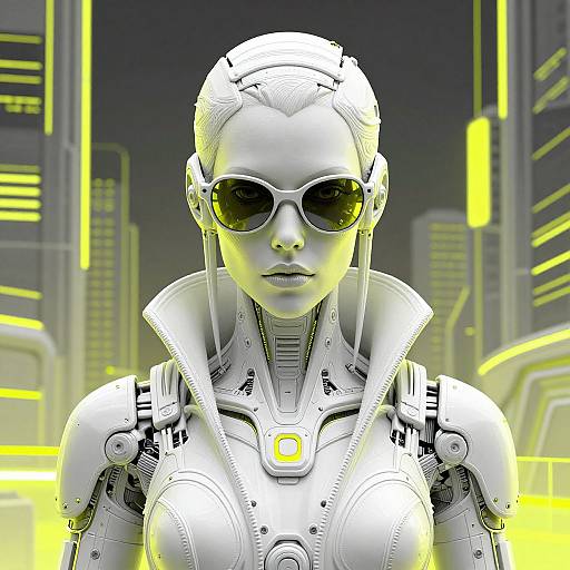 CGI image of a futuristic, white-skinned female android with sleek, high-tech armor, black sunglasses, and glowing yellow accents, set against a