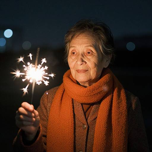 Photograph of an elderly woman with short gray hair, wearing an orange scarf, holding a sparkling firework against a dark night background. Bright firework