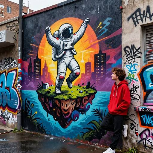 Surreal Astronaut Mural in Rainy Alley