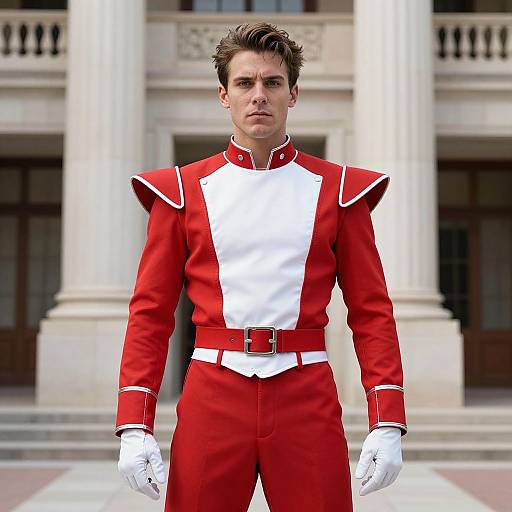Photorealistic CGI of a serious, handsome man in a red and white military-style uniform with white gloves, standing in front of classical white columns and