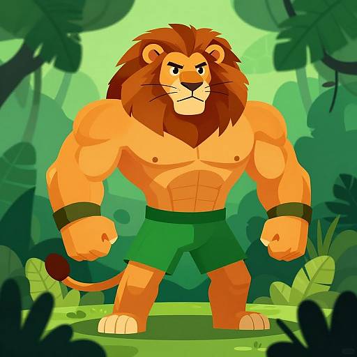 Cartoon-style illustration of a muscular, anthropomorphic lion with a brown mane, wearing green shorts, standing in a vibrant jungle.