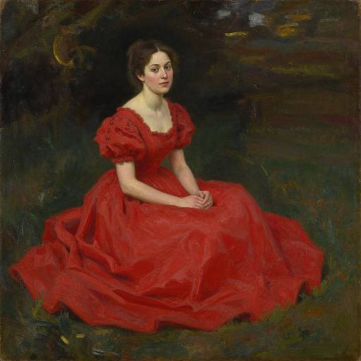 Oil painting of a fair-skinned woman with dark brown hair, wearing a red, puffed-sleeve dress, sitting against a dark, textured