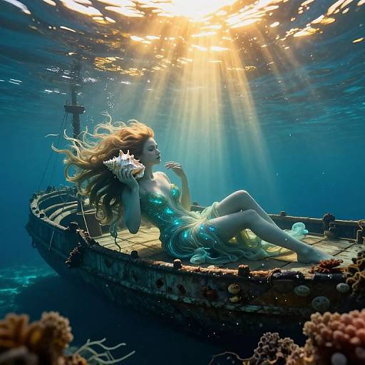 Photograph of a mermaid-like woman with long, flowing blonde hair, wearing a glowing turquoise dress, lying on a sunlit, sunken ship