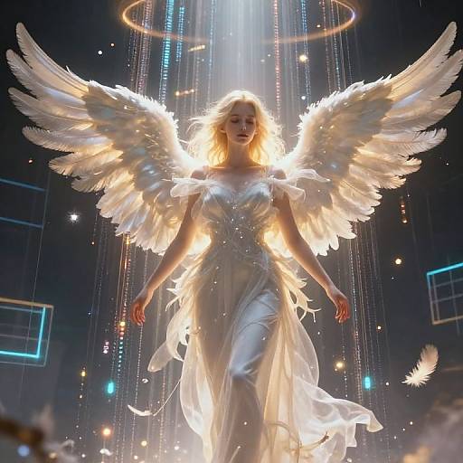 Digital art of a radiant, blonde angel with glowing white wings and halo, wearing a flowing, silver dress, illuminated against a dark, futuristic backdrop with