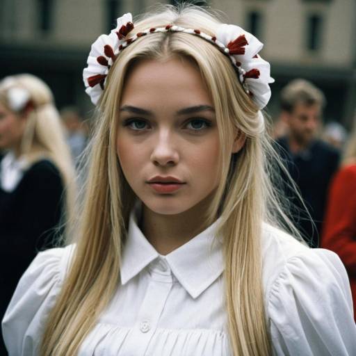 Blonde Woman in Traditional White Dress with Floral Headband