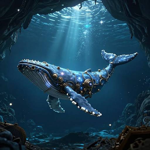 Digital artwork of a glowing, mechanized blue whale with star-like patterns, swimming through a dark underwater cave illuminated by sunlight.