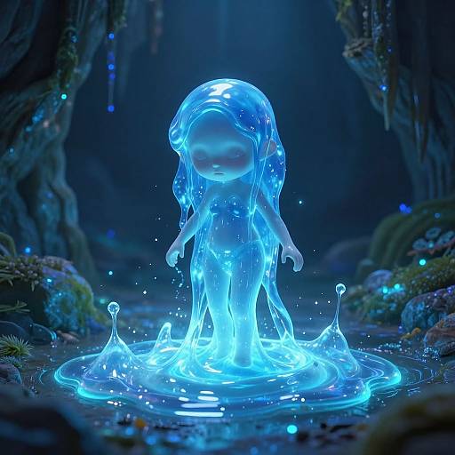 Digital artwork of a glowing blue, translucent humanoid figure standing in a luminous puddle, surrounded by dark forest with bioluminescent plants.
