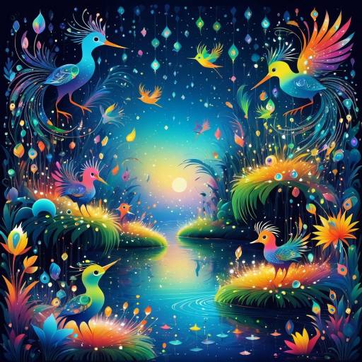 Fantastical Colorful Birds by Sparkling Lake