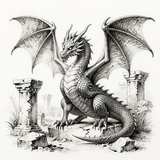 Ink drawing of a menacing black dragon with large wings, standing on rocky ruins amidst broken columns and grass. Detailed scales and fierce expression dominate the mon