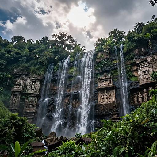 Ancient Mountain Temple with Waterfalls