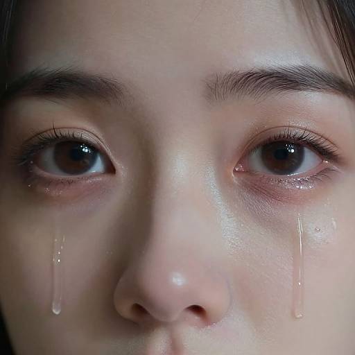 Close-up photograph of an Asian woman's tear-streaked face, with large brown eyes, long eyelashes, and visible tears streaming down her cheeks