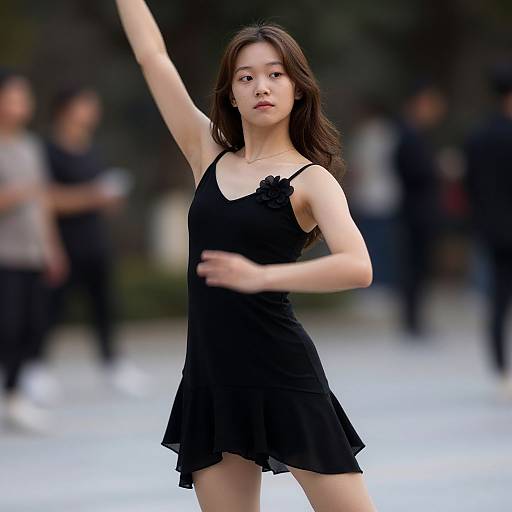 Photograph of an Asian woman with long brown hair, wearing a black sleeveless dress with a floral detail, dancing outdoors with a blurred background of people