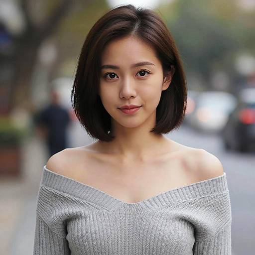 Photograph of an Asian woman with short black hair, wearing an off-shoulder grey knit sweater, standing on a blurred city street.