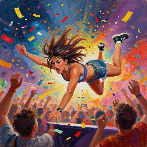 Vibrant digital painting of a brown-haired woman in a blue crop top and denim shorts, leaping over a cheering crowd under a burst of colorful