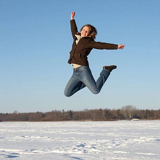 Young Woman Jumping Over Snow