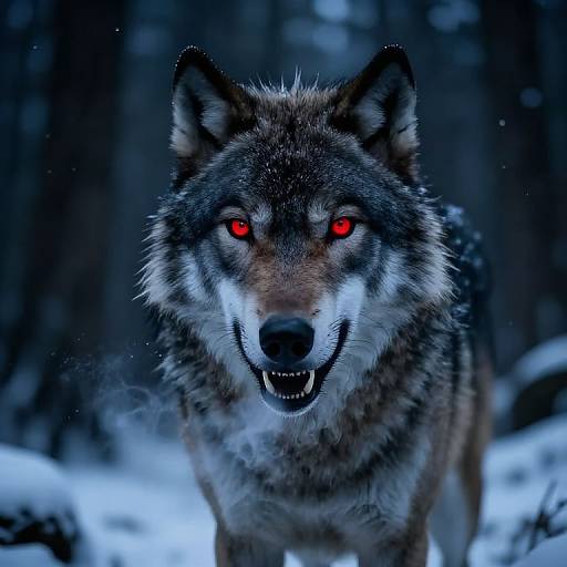 Photograph of a fierce, glowing red-eyed wolf with sharp teeth, standing in a snowy, dark forest, with snowflakes in the air.