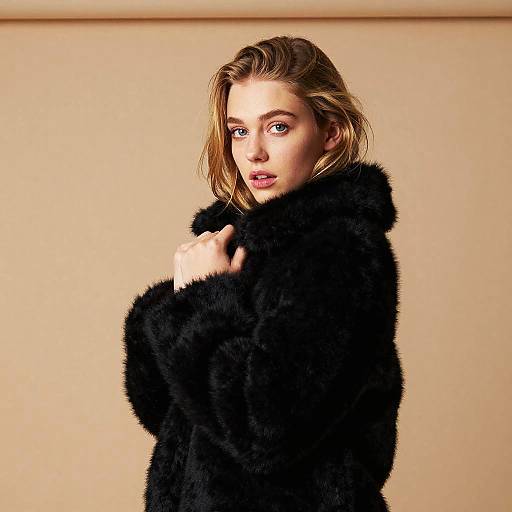Photograph of a blonde woman with blue eyes, wearing a black fur coat, standing against a beige background, looking directly at the camera with a slightly