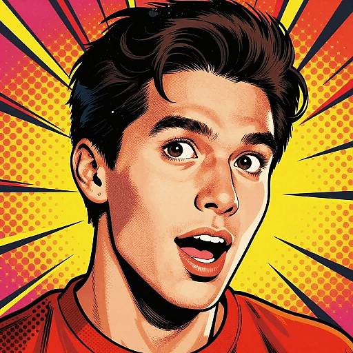 Pop art-style illustration of a surprised young man with dark hair, red shirt, and yellow-orange halftone background with black rays.