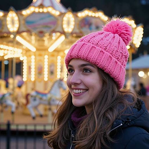 Photograph of a smiling woman with wavy brown hair, wearing a pink knitted beanie with a large pom-pom, and a black jacket