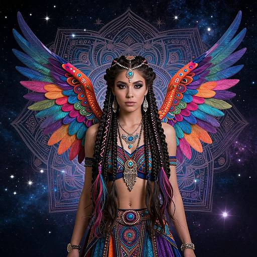 Photograph of a woman with vibrant rainbow wings, intricate braids, and colorful traditional attire, wearing jewelry, against a cosmic, mandala-patterned