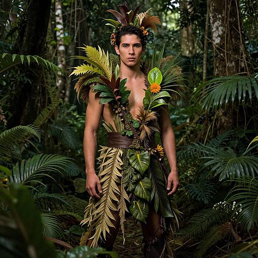 Photograph of a muscular man in a jungle, wearing a feather and leaf costume adorned with tropical plants, standing amidst dense greenery.
