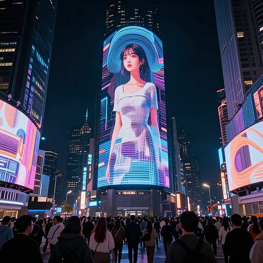 Photograph of a bustling nighttime city street with a massive, brightly lit digital billboard of an Asian woman in a white dress, surrounded by neon lights and
