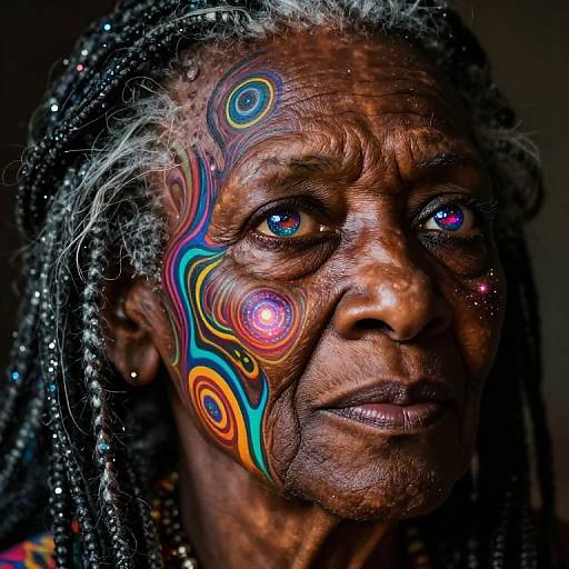 Close-up photograph of an elderly African woman with dark skin, vividly painted face in colorful, swirling patterns, and braided silver hair. Her eyes