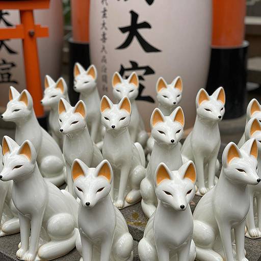 Ceramic Fox Statues with Torii Gate