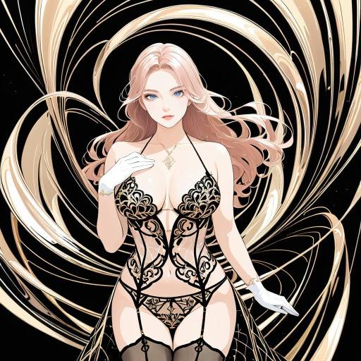 Woman in Rose-Gold Waves and Intricate Black Lingerie