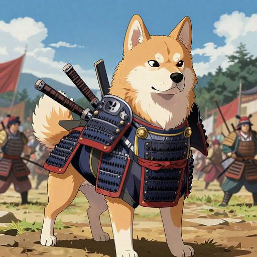 Digital anime-style illustration of a confident, orange and white Shiba Inu dog wearing traditional black and red samurai armor with swords, standing in a