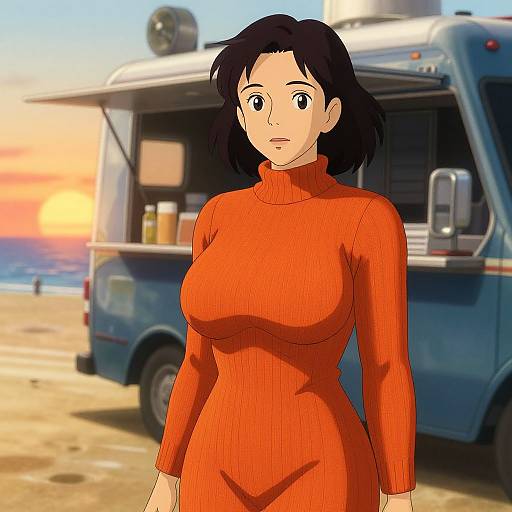 Anime-style woman with black hair, medium breasts, wearing an orange turtleneck dress, stands in front of a blue food truck at a beach sunset