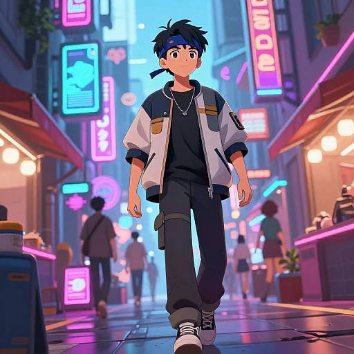 Digital anime-style illustration of a young man with blue hair, wearing a white jacket, black shirt, and pants, walking through a vibrant, neon-l