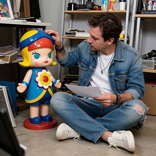 Man with Sculpted Doll in Creative Space