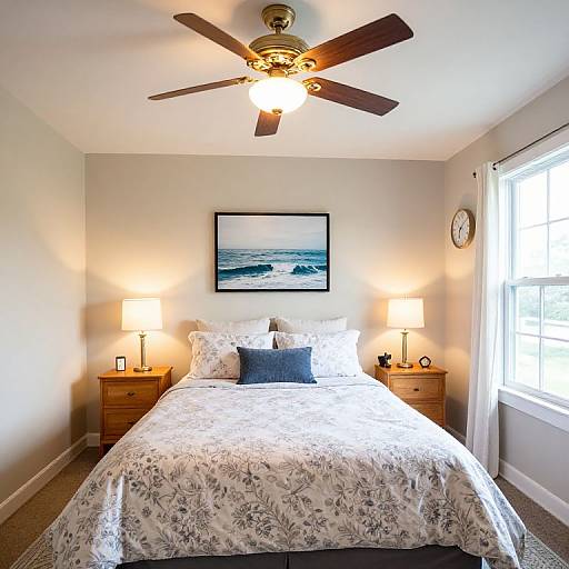 Cozy bedroom photograph: floral-patterned bedspread, wooden nightstands with lamps, ocean painting above bed, ceiling fan, white walls, bright window