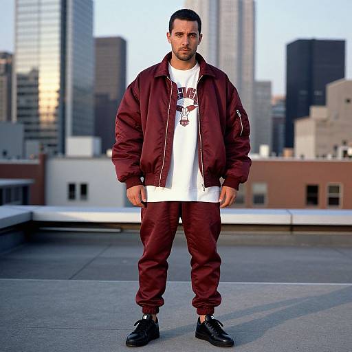 Photograph of a bearded man with short dark hair, wearing a maroon jacket, white graphic tee, maroon pants, and black shoes,