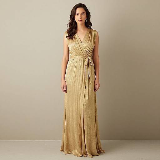 Photograph of a woman with long dark hair wearing a gold, V-neck, sleeveless, floor-length gown with a tied waist, standing against a