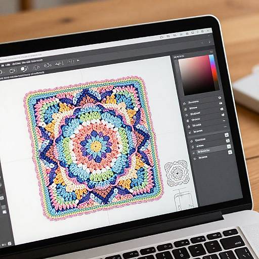 Photograph of a black laptop displaying a colorful digital crochet pattern on a screen, with a wooden table in the background.