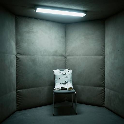 Photograph of a minimalist, gray padded room with a single metal-framed bed, white pillow, and blanket, illuminated by a bright overhead fluorescent light