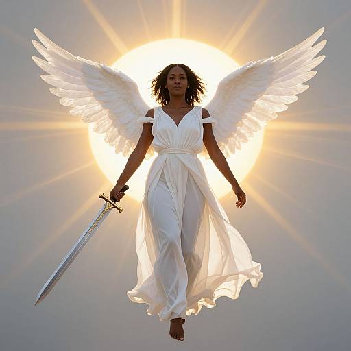Photograph of an angelic black woman with white wings, flowing white dress, and sword, glowing against a radiant sunburst background.