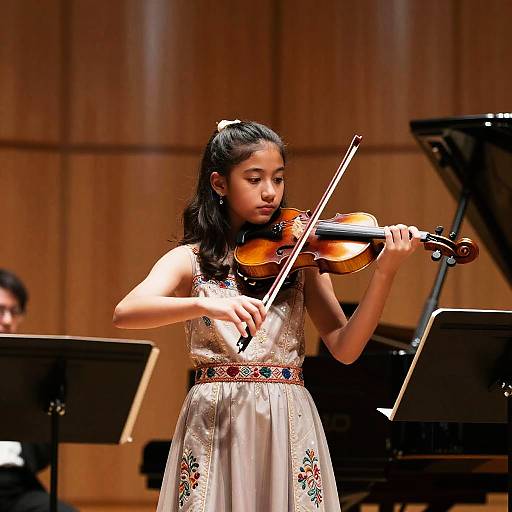 Photograph of an Asian girl with long black hair, wearing a white, embroidered dress, playing a violin on stage in a wooden-walled concert hall