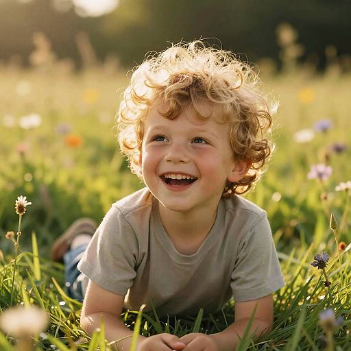 Photograph of a joyful, curly-haired, blond toddler in a gray t-shirt, smiling while lying in a sunlit, colorful meadow.
