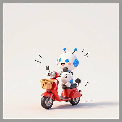 Cheerful Robot Riding Red Scooter