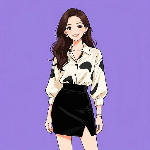 Digital anime-style drawing of a smiling woman with long brown hair, wearing a white cow-print blouse and black skirt, against a solid purple background.