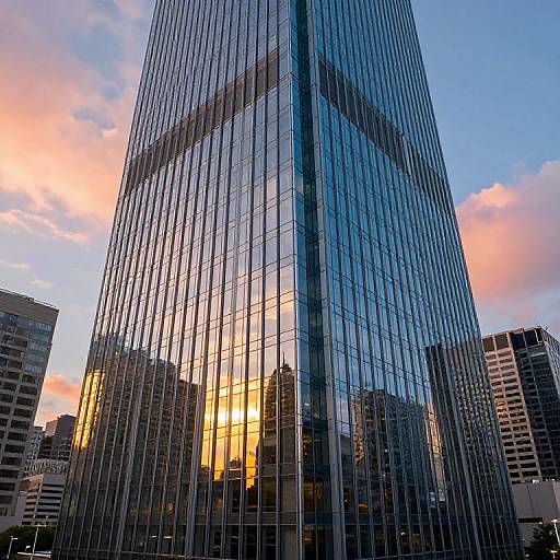 Photograph of a tall, modern skyscraper with reflective glass windows, capturing a vibrant sunset sky with pink and orange hues, surrounded by other urban buildings