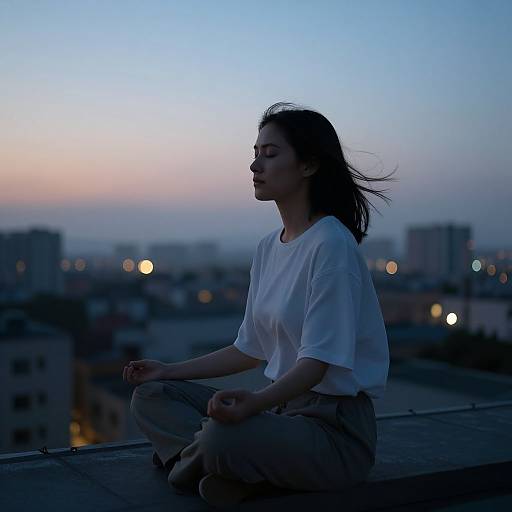 Photograph of a woman with closed eyes, sitting in a meditative lotus position on a rooftop at dusk, wearing a white shirt and beige pants