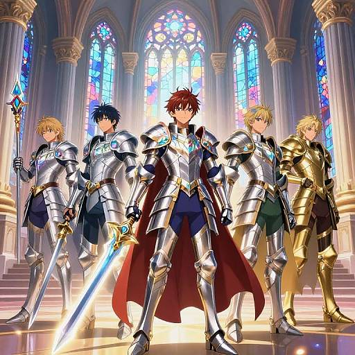 Digital anime-style illustration of four armored knights with glowing swords, standing in a grand cathedral with colorful stained glass windows. Central knight with red hair and red