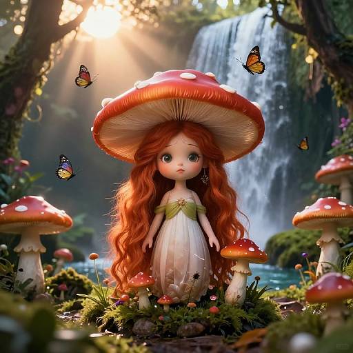 Digitally rendered fairy with red hair, white dress, large red mushroom hat, surrounded by mushrooms and butterflies, in front of a cascading waterfall in
